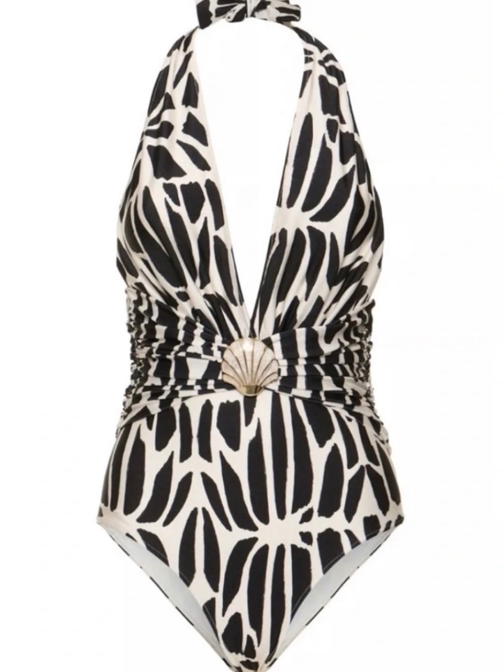 PatBo Geometric Plunge Halter
One-Piece Swimsuit Seashell Buckle $375 Size M